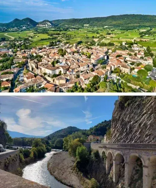 Vue aérienne du village de Sablet et pont de Vaison-la-Romaine - Provence - France