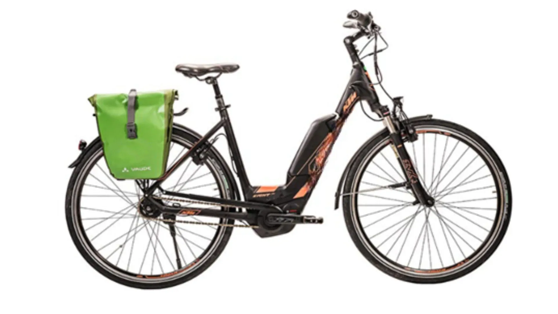 Velo electrique noir KTM avec sacoche verte - Equipement cyclotourisme