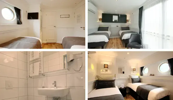 Cabines confortables avec hublots sur la peniche Magnifique III - Pays-Bas