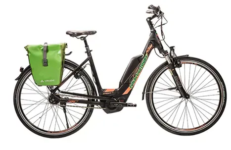 Velo electrique avec sacoche verte Vaude - Venise a Porec Italie