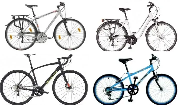 Quatre types de velos - VTC ville route et enfant - Europe