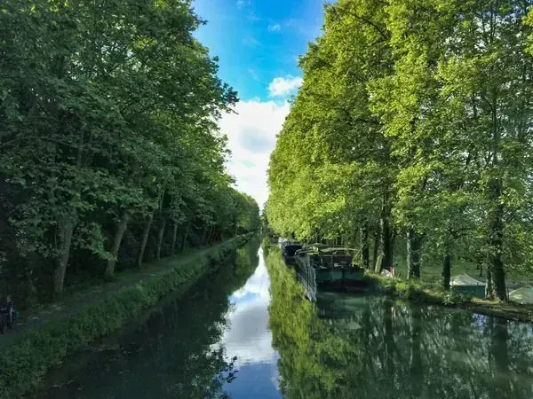 Canal de la Garonne bordé de platanes avec péniche - Aquitaine - France © David Praire