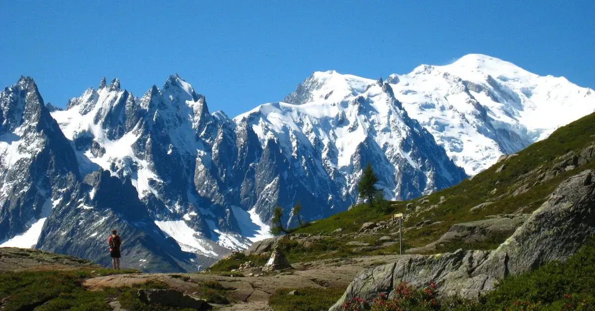 Randonneur face aux Aiguilles Vertes et au Mont-Blanc - Tour du Mont-Blanc