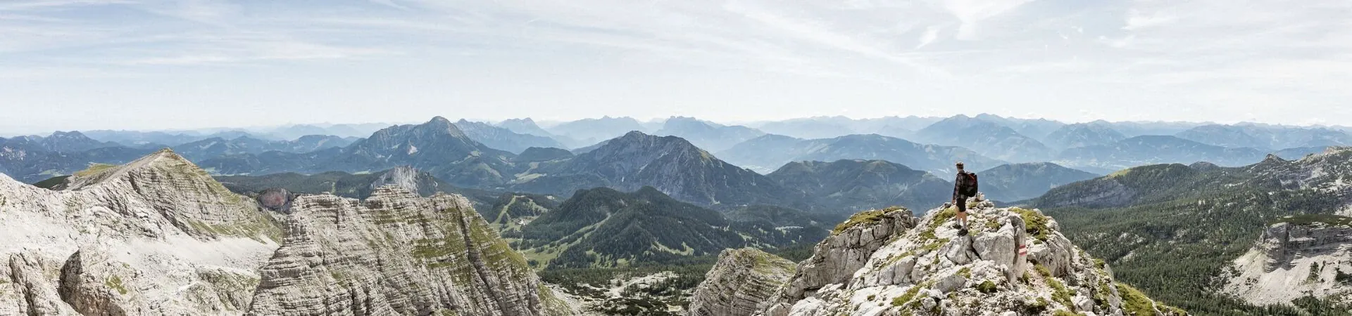 Randonneur au sommet avec panorama montagneux - Alpes Europe