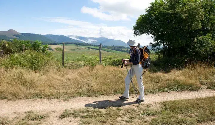 Randonneur avec sac a dos face au paysage - France