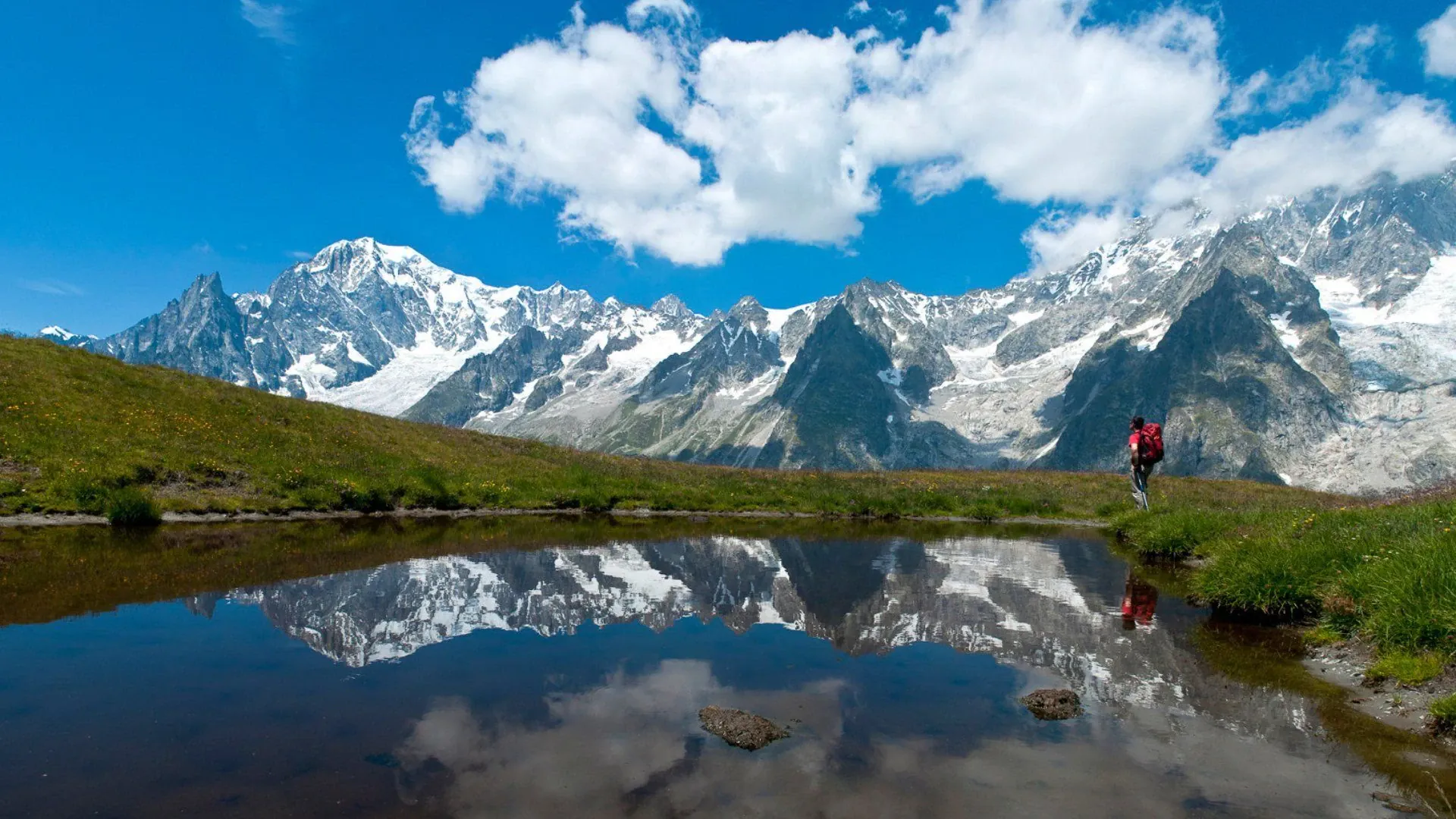 Randonneurs traversant une prairie alpine - Mont-Blanc