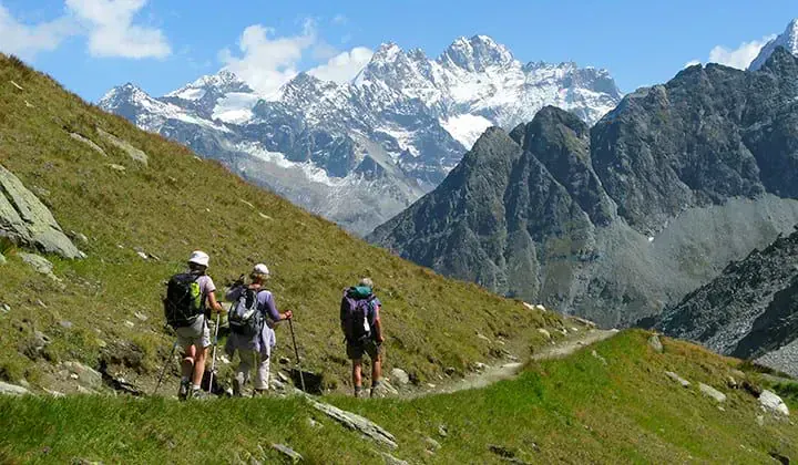 Randonneurs sur sentier alpin face aux sommets enneiges - Chamonix-Zermatt Suisse