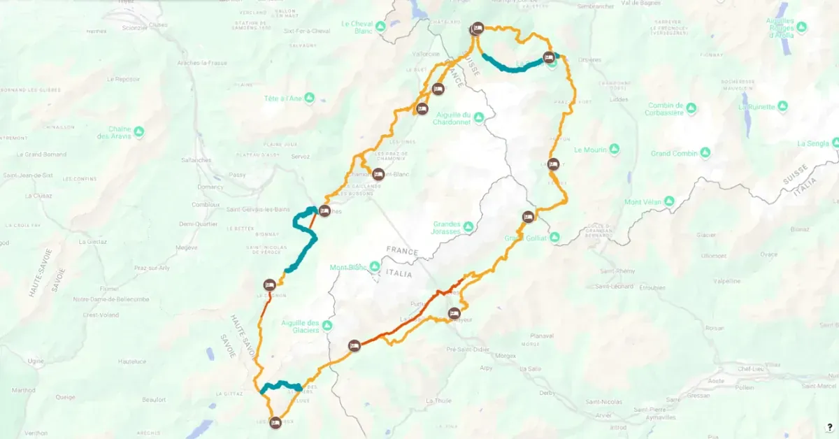 Carte des variantes du Tour du Mont-Blanc - Alpes