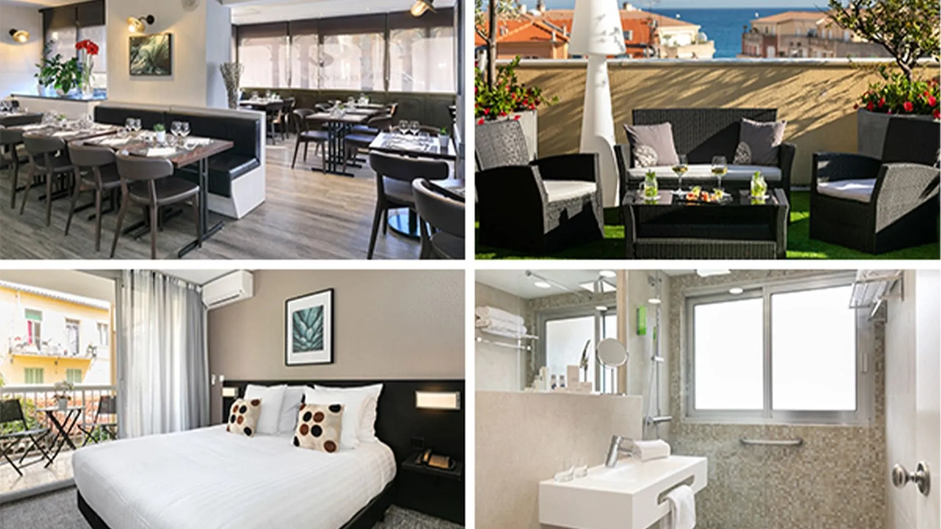 Hotel moderne avec terrasse vue mer chambre et salle de bain - Menton