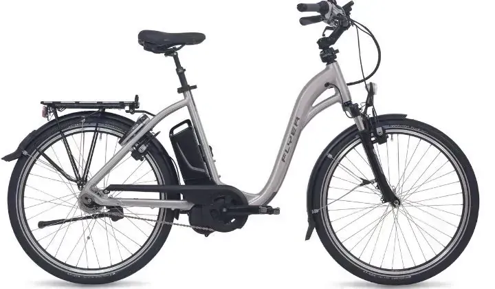 Velo electrique Flyer argente avec batterie integree