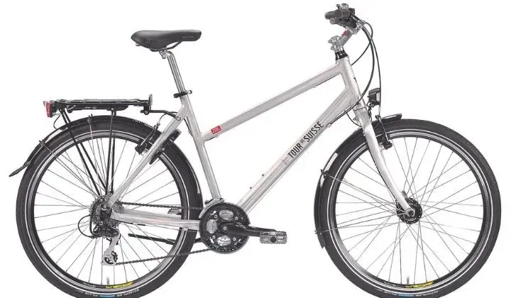 Velo de randonnee Tour de Suisse argente avec porte-bagages