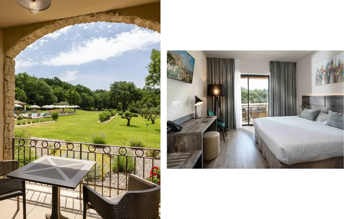 Terrasse avec vue sur jardin et chambre hotel - Luberon Provence
