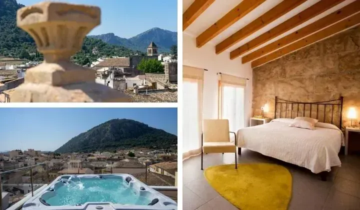 Vue panoramique village jacuzzi sur terrasse et chambre - Majorque Espagne