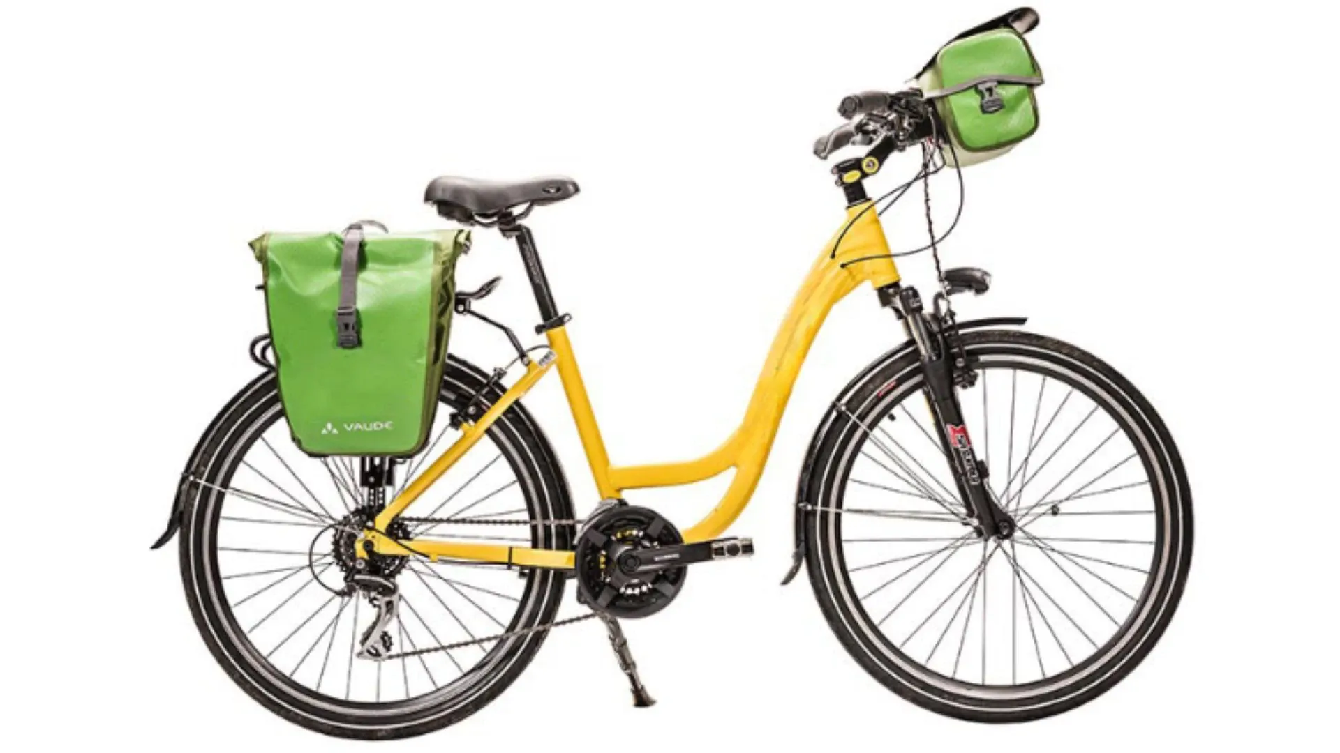 Velo de randonnee jaune avec sacoches vertes - Equipement cyclotourisme